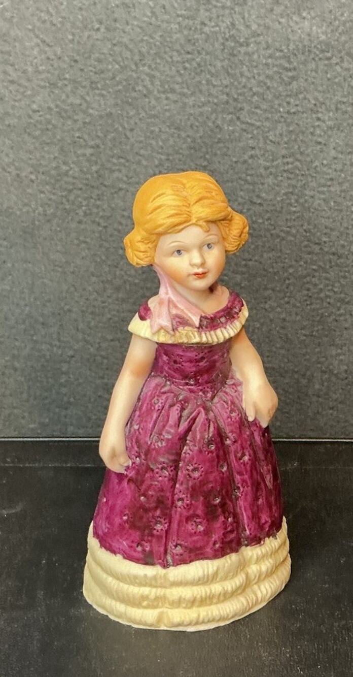 Vintage 1980 Enesco Bisque Porcelain Bell Girl In Purple Dress